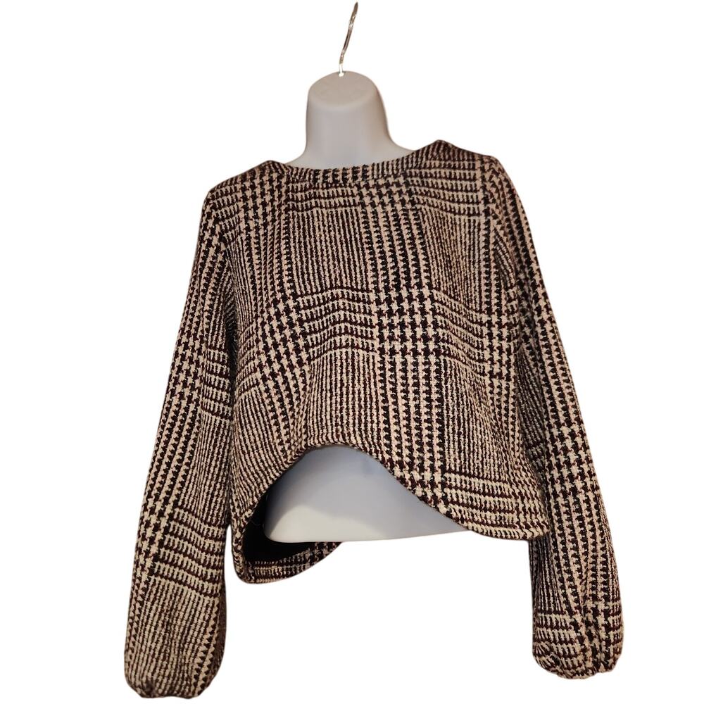 Line & Dot Black Tweed Puff Sleeve Assymetrical Crop Sweater Top Wool Blend Sz M